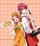  1boy 1girl apron back-to-back blue_eyes brown_eyes brown_hair chiyo_(rotsurechiriha) food frying_pan happinesscharge_precure! omurice oomori_yuuko phantom_(happinesscharge_precure!) precure redhead rice short_hair spatula 