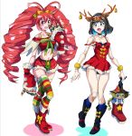  2girls animal_ears antenna_hair antlers babydoll bare_shoulders black_hair black_panties blue_eyes blue_hair blush blush_stickers bow breasts carol_malus_dienheim character_doll christmas doll_joints drill_hair fake_antlers fangs fur_trim garie_tuman gloves hair_bow hairband long_hair lyrical_denko medium_breasts micha_jawkan midriff multicolored_hair multiple_girls navel panties pink_hair plaid red_eyes red_footwear red_gloves redhead reindeer_antlers reindeer_ears senki_zesshou_symphogear short_hair skirt smile strap_slip striped striped_legwear teeth thigh-highs twin_drills two-tone_hair underwear vertical-striped_legwear vertical_stripes very_long_hair 