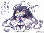  1girl :3 anchorage_water_oni black_hair can chibi dress drink gradient_hair horns kantai_collection long_hair multicolored_hair overskirt red_bull shinkaisei-kan solo tanaka_kusao translation_request twitter_username very_long_hair white_hair yellow_eyes 