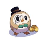  beak black_eyes black_headwear brown_ribbon closed_mouth commentary_request green_ribbon hat hat_ribbon hatted_pokemon looking_up monocle pokemon ribbon rowlet seed standing talons tyako_089 