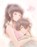  1boy 1girl ^_^ between_breasts black_hair bluez blush breast_smother breasts chitanda_eru closed_eyes couple duo eyebrows_visible_through_hair hand_on_another&#039;s_head head_between_breasts heart heart_background holding holding_another holding_person hug hyouka long_hair medium_breasts oreki_houtarou ponytail short_hair smile t-shirt undershirt 