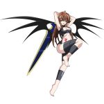  1girl armpits brown_hair demon_wings heterochromia high_school_dxd highres kiryuu_aika long_hair midriff navel open_mouth revealing_clothes solo sword tattoo weapon white_background wings yxyyxy 