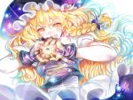  1girl aiming_at_viewer black_gloves blonde_hair blush braid d:&lt; fang gloves glowing hair_ribbon hat highres kirisame_marisa layered_dress long_hair looking_at_viewer master_spark mini-hakkero ribbon rosette_(roze-ko) single_braid solo star touhou tress_ribbon vest wavy_hair witch_hat yin_yang 