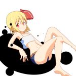  1girl alternate_costume bare_arms bare_legs bare_shoulders barefoot belt blonde_hair cato_(monocatienus) crop_top darkness hair_ribbon midriff navel red_eyes ribbon rumia short_shorts shorts sitting solo touhou 