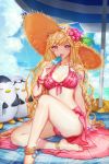  1girl :p absurdres anklet arm_support barefoot bikini bird blonde_hair braid feet flower frilled_bikini frills hat hat_flower highres jewelry legs long_hair navel penguin pink_eyes popsicle sitting skirt sky smile soles solo straw_hat swimsuit sword_girls toes tongue tongue_out umbrella wet 