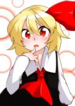  1girl :o blonde_hair finger_to_mouth hair_ribbon highres kameyan red_eyes ribbon rumia shirt short_hair simple_background skirt touhou vest white_background 