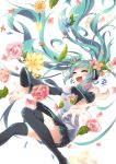  1girl absurdres aqua_hair closed_eyes detached_sleeves flower hatsune_miku headset highres kozakura_(dictionary) long_hair necktie open_mouth petals skirt solo thigh-highs twintails very_long_hair vocaloid white_background 