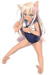  1girl animal_ears bare_legs barefoot blonde_hair blue_eyes blush cat_ears covered_navel fang flat_chest flower full_body hair_flower hair_ornament highres kantai_collection kawai_(purplrpouni) long_hair looking_at_viewer one-piece_swimsuit open_mouth paw_pose ro-500_(kantai_collection) sailor_collar sitting solo swimsuit swimsuit_under_clothes tan tanline 