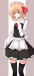  1girl 3: adapted_costume alternate_costume black_legwear blonde_hair blush curtsey dress enmaided frown hair_ribbon highres looking_at_viewer maid maid_headdress nervous red_eyes ribbon rumia sh_(562835932) shy solo thigh-highs touhou 