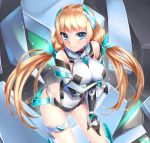  1girl angela_balzac bare_shoulders blonde_hair blue_eyes blush breast_hold breasts covered_navel cowboy_shot doyouwantto elbow_gloves gloves headgear large_breasts leaning_forward leotard long_hair looking_at_viewer low_twintails rakuen_tsuihou smile solo thigh_strap twintails very_long_hair 