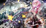  1girl alternate_costume bare_shoulders breasts center_opening cleavage detached_sleeves elbow_gloves fingerless_gloves gloves guilty_crown hair_ornament hairclip hand_on_own_chest highres long_hair looking_at_viewer navel open_mouth pink_hair red_eyes solo twintails yuzuriha_inori 
