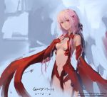  1girl bare_shoulders breasts center_opening cleavage detached_sleeves elbow_gloves fingerless_gloves gloves guilty_crown hair_ornament hairclip hand_on_own_chest long_hair looking_at_viewer navel pink_hair red_eyes solo twintails yuzuriha_inori 
