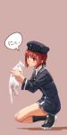  1girl \||/ auburn_hair beret bottomless cat clothes_writing full_body hat highres holding kantai_collection long_sleeves looking_at_another maroon_background military military_uniform mixke open_mouth red_eyes redhead sailor_dress short_hair simple_background solo speech_bubble squatting uniform white_cat z3_max_schultz_(kantai_collection) 