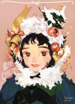  1girl bell black_hair candy candy_cane christmas christmas_ornaments christmas_tree coida colored_eyelashes fur gloves lips looking_at_viewer merry_christmas original parted_lips ribbon smile solo star upper_body 