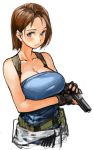  1girl bare_shoulders black_gloves blue_eyes blush breasts brown_hair cleavage clothes_around_waist collarbone fingerless_gloves gloves gun handgun holding_gun holding_weapon jill_valentine large_breasts looking_away pistol resident_evil resident_evil_3 sachito short_hair simple_background solo upper_body weapon white_background 