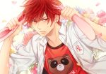  1boy animal_ears flower gekkan_shoujo_nozaki-kun itohara kemonomimi_mode male_focus mikoshiba_mikoto petals rabbit_ears red_eyes redhead sparkle sweat tanuki 