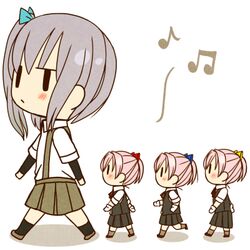  2girls arm_warmers black_legwear chibi gloves grey_hair hair_ornament kantai_collection kasumi_(kantai_collection) lowres multiple_girls musical_note pink_hair pleated_skirt ponytail school_uniform shiranui_(kantai_collection) short_hair short_sleeves side_ponytail simple_background skirt sunshinek suspenders white_background white_gloves |_| 