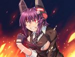  1girl angry blood breasts gloves glowing headgear highres injury kantai_collection large_breasts purple_hair red_eyes scar school_uniform short_hair solo tagme tenryuu_(kantai_collection) torn_clothes yellow_eyes 