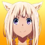  1girl absurdres animal_ears bangs blonde_hair blunt_bangs cat_ears face final_fantasy final_fantasy_xiv highres light_smile looking_at_viewer low_twintails miqo&#039;te moxie orange_background original payot portrait smile solo tom_skender twintails violet_eyes watermark web_address 