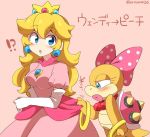  !? 2girls artist_name bangs blonde_hair blue_eyes blush bow dress dress_grab elbow_gloves eromame gloves hair_bow jewelry large_bow long_hair looking_at_another super_mario_bros. multiple_girls necklace open_mouth payot pink_background polka_dot polka_dot_bow princess_peach puffy_sleeves simple_background spikes super_mario_bros. surprised tiara translation_request wendy_o._koopa 
