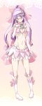  1girl alternate_costume alternate_hairstyle black-framed_glasses blush boots bow crescent_hair_ornament elbow_gloves gloves hair_bow hair_ornament heart_cutout long_hair navel patchouli_knowledge payot pink_gloves ponytail purple_hair skinny skirt solo touhou violet_eyes 