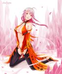  1girl bare_shoulders black_legwear breasts center_opening cleavage dead7open detached_sleeves elbow_gloves fingerless_gloves gloves guilty_crown hair_ornament hairclip long_hair looking_at_viewer navel pink_hair red_eyes signature smile solo thigh-highs twintails yuzuriha_inori 