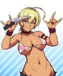  1girl ;q \m/ ahoge akairiot american_flag_bikini armband bikini bikini_top blonde_hair blue_eyes blush breasts cleavage dark_skin flag_print highres huge_ahoge knife large_breasts looking_at_viewer micro_bikini_top midriff mito_ikumi navel one_eye_closed shokugeki_no_souma short_hair solo strap_gap swimsuit tongue tongue_out under_boob wristband 