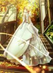  1girl absurdres bare_shoulders blonde_hair blush bride carpet dress elbow_gloves fate/stay_night fate_(series) gloves green_eyes highres looking_at_viewer looking_back magicians_(zhkahogigzkh) petals saber smile solo stairs wedding_dress white_gloves 