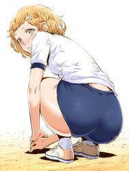  1girl ass blonde_hair blush buruma curly_hair gym_uniform hair_ornament hairpin looking_back original shoes short_hair sneakers socks solo squatting tachibana_kazumi yellow_eyes 