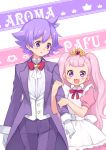  1boy 1girl :d ahoge arm_hug aroma_(go!_princess_precure) bow bowtie brother_and_sister chiroru_(7450n) dress flipped_hair formal gloves go!_princess_precure long_hair open_mouth pants personification pink_hair precure puff_(go!_princess_precure) purple_hair red_bow siblings smile suit twintails violet_eyes white_gloves 