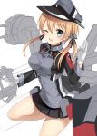  1girl blonde_hair gloves hair_ornament harimoji hat highres kantai_collection long_hair one_eye_closed open_mouth peaked_cap prinz_eugen_(kantai_collection) salute smile solo twintails uniform 