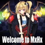  aiba_kou album_cover bare_shoulders blonde_hair collar cover flandre_scarlet guitar hair_ornament instrument midriff red_eyes side_ponytail skirt skull_hair_ornament sleeveless spiked_belt spiked_collar spikes thigh-highs touhou vest wings 