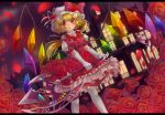  1girl alternate_costume alternate_weapon battle_axe blonde_hair clouds dress dutch_angle elbow_gloves flandre_scarlet flower flower_necklace frilled_skirt frills gloves hat hat_flower hat_ribbon highres jewelry kakiikada layered_dress letterboxed lips looking_at_viewer mob_cap necklace pantyhose parted_lips petals puffy_short_sleeves puffy_sleeves red_dress red_eyes red_rose ribbon rose scarlet_devil_mansion short_hair short_sleeves side_ponytail skirt solo touhou weapon white_legwear wings 