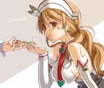  1girl bare_shoulders blush breasts brown_eyes brown_hair character_name detached_sleeves food kantai_collection large_breasts littorio_(kantai_collection) long_hair looking_at_viewer necktie oota_yuuichi open_mouth pizza sideboob solo_focus 