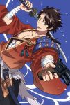  1boy bandages brown_hair gun handgun izumi_rion japanese_clothes katana male_focus mutsu-no-kami_yoshiyuki open_mouth smile sword touken_ranbu weapon yellow_eyes 