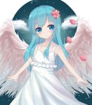  1girl absurdres ahoge angel_wings armpits bangs bare_shoulders blue_eyes blue_hair blush cherry_blossoms clouds dress expressionless flower frilled_dress frills hair_flower hair_ornament highres l4no long_hair looking_at_viewer night night_sky original outdoors payot petals sakamachi_shiro sky small_breasts solo white_dress white_wings wings 