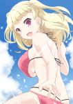  1girl bangs bikini blonde_hair blue_sky blunt_bangs blush breasts clouds kichi8 large_breasts light_rays long_hair looking_at_viewer open_mouth red_bikini red_eyes sky solo sunbeam sunlight swimsuit tokyo_7th_sisters twintails two_side_up uesugi_u_kyouko water_drop 