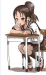  1girl chair kijouyu_udon kneehighs open_mouth original ponytail school_desk school_uniform serafuku sitting skirt solo 
