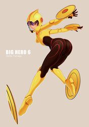  1girl arched_back arms_behind_back ass big_hero_6 black_hair bodysuit brown_eyes character_name from_side gogo_tomago helmet leaf98k leaning_forward multicolored_hair neon_trim purple_hair quadruple_wielding shield simple_background skin_tight smile solo two-tone_hair 