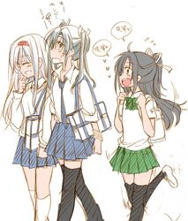  3girls :d ^_^ alternate_costume bag black_hair black_legwear blue_skirt closed_eyes flying_sweatdrops green_skirt grey_hair hair_ribbon hairband heart high_ponytail kantai_collection katsuragi_(kantai_collection) kneehighs long_hair long_sleeves multiple_girls necktie open_mouth pleated_skirt ponytail ribbon school_uniform short_hair short_sleeves shoukaku_(kantai_collection) simple_background skirt smile thigh-highs twintails white_background white_hair white_legwear white_ribbon zuikaku_(kantai_collection) 