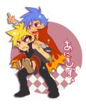  2boys abitu angry bare_shoulders blonde_hair blue_hair blush cape carrying chibi clenched_teeth eyebrows frown kamina kittan lowres multiple_boys piggyback pointing sleeveless smile tengen_toppa_gurren_lagann thick_eyebrows zouri 