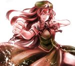  1girl backlighting braid fighting_stance grey_eyes hat hong_meiling jan_(artist) open_mouth puffy_short_sleeves puffy_sleeves redhead shirt short_sleeves skirt skirt_set smile solo star touhou twin_braids vest 