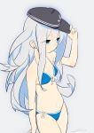  1girl arm_up artist_name bikini blue_bikini blue_eyes front-tie_top grey_background hat hibiki_(kantai_collection) kantai_collection long_hair navel payot side-tie_bikini simple_background small_breasts so_shina solo swimsuit white_hair 