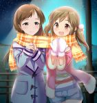  2girls breasts brown_eyes brown_hair idolmaster idolmaster_cinderella_girls long_hair mittens multiple_girls natsuya nitta_minami open_mouth scarf shared_scarf short_hair smile totoki_airi twintails 