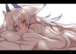  1girl 2015 animal_ears artist_name bandages blue_eyes blush dated dragon_girl dragon_horns heterochromia horns konshin long_hair looking_at_viewer lying monster_girl multicolored_hair on_stomach orange_eyes orie_hakua pillow pillow_hug pixiv_fantasia pixiv_fantasia_new_world smile solo two-tone_hair white_hair 