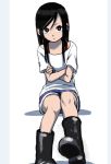  1girl black_boots black_hair boots crossed_arms kijouyu_udon long_hair looking_at_viewer original simple_background sitting solo white_background 