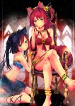  2girls absurdres animal_ears anklet bandeau barefoot bikini_top black_hair blue_eyes bracelet breasts chair chin_rest cleavage crossed_legs detached_sleeves dog_ears feet green_eyes highres jewelry long_hair midriff multiple_girls original ponytail redhead sitting skirt smile tail 