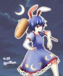  1girl animal_ears artist_name blood blood_stain blue_hair braid crescent_moon dated dress grin hand_on_hip legacy_of_lunatic_kingdom mallet moon night over_shoulder ponytail rabbit_ears red_eyes satou_yuuki seiran_(touhou) short_hair smile solo star touhou weapon weapon_over_shoulder 