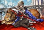  1girl animal aqua_eyes black_gloves bridal_gauntlets cape city dome eyepatch fingerless_gloves gloves hair_ornament lion minaret original pants ran&#039;ou_(tamago_no_kimi) shirt silver_hair sitting solo sword weapon 