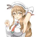  1girl armpits breasts brown_hair detached_sleeves hat kantai_collection lang_(chikage36) large_breasts littorio_(kantai_collection) long_hair looking_at_viewer necktie open_mouth ponytail solo 